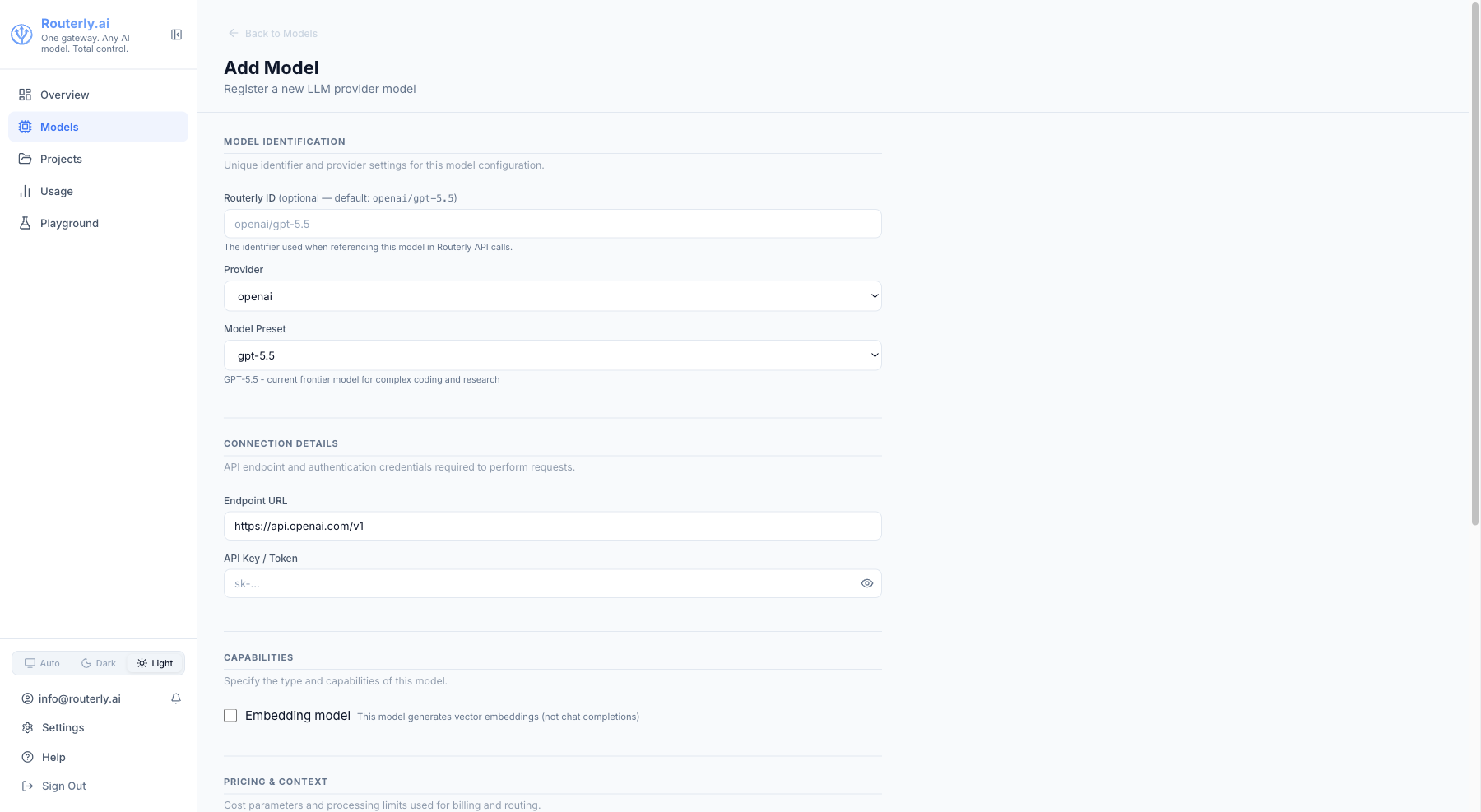 Add Model form opened from the catalog, with Provider and Model Preset pre-filled for gpt-4o and pricing auto-populated in the Pricing & Context section