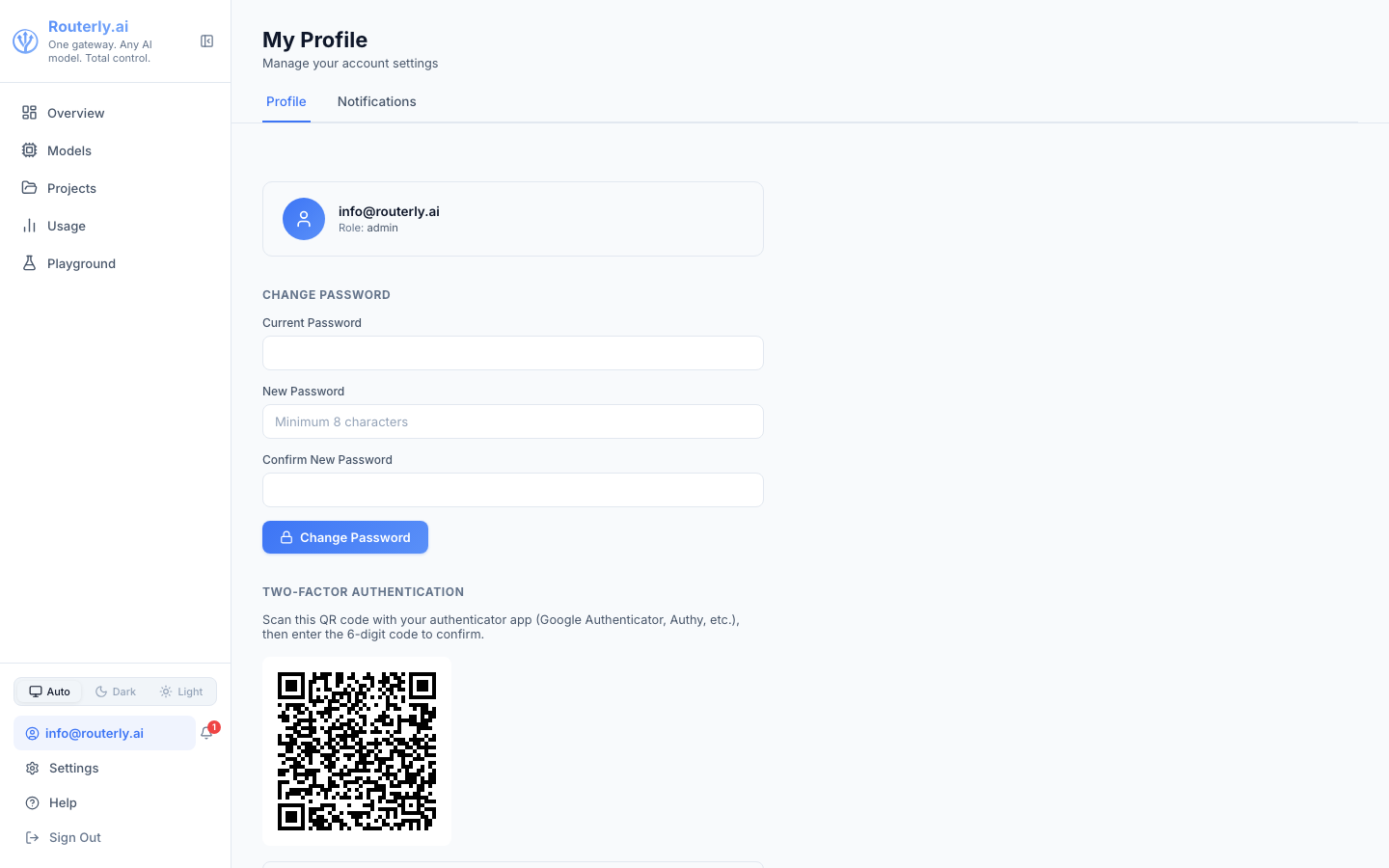 Two-Factor Authentication setup panel showing the scannable QR code