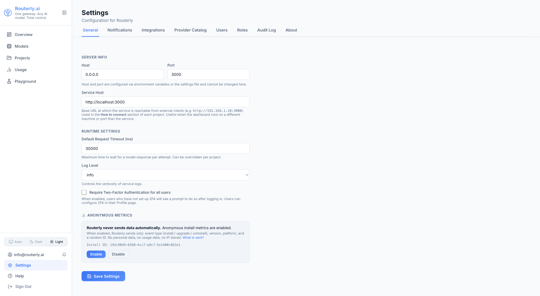 Settings General tab showing server info, runtime settings, and anonymous metrics toggle