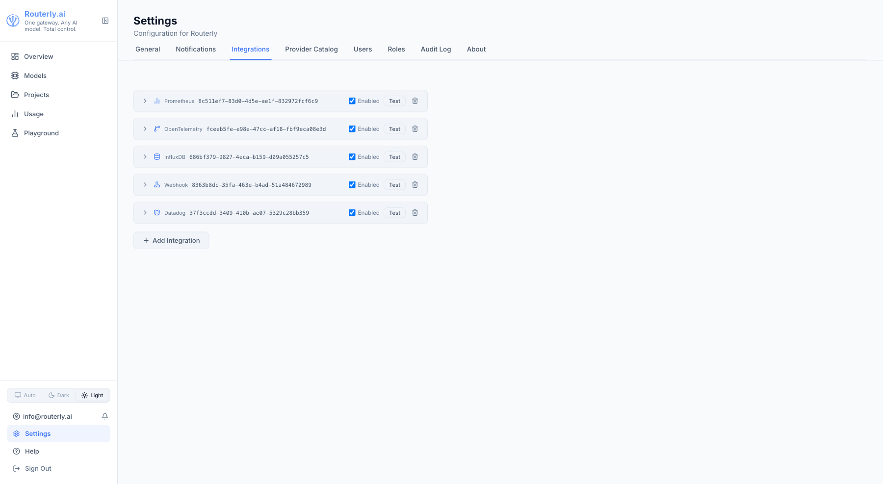 Integrations tab showing configured integrations with enabled toggle, test button, and delete button